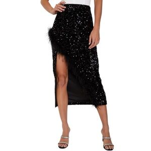 LULUS Luminous Aura Black Sequin Feather High Rise
Tulip Midi Skirt Size M Party